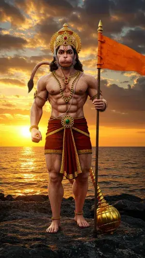 Lord Hanuman with Flag at Sunset by the Sea