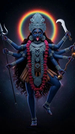 Fierce Kali Maa in Cosmic Form with Rainbow Aura