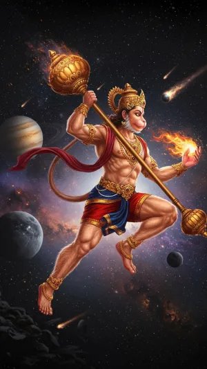Lord Hanuman in Space with Fiery Gada and Flame