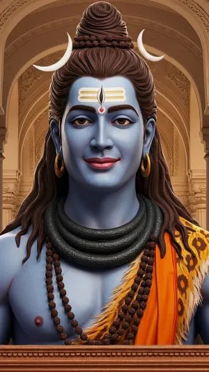 Smiling Lord Shiva with Sacred Symbols in Temple