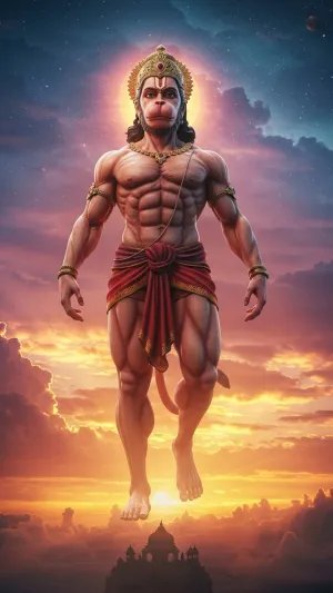 Flying Hanuman in Sunset Sky Mobile Wallpaper