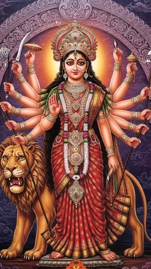 Traditional Durga Mata Artwork with Ornate Temple Arch