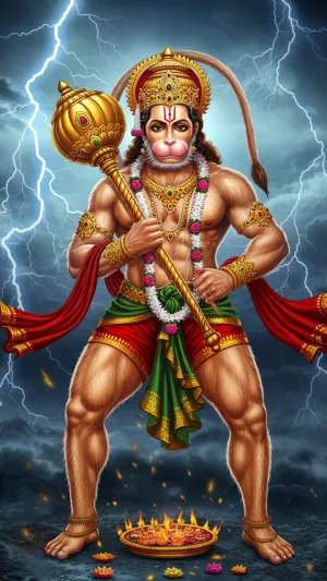 Mighty Lord Hanuman in a Thunderstorm with Golden Mace