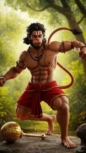 Young Lord Hanuman in Jungle with Golden Mace