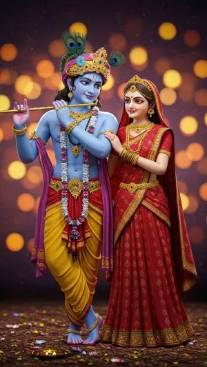 3D Radha Krishna Wallpaper – Divine Love in Glowing Light