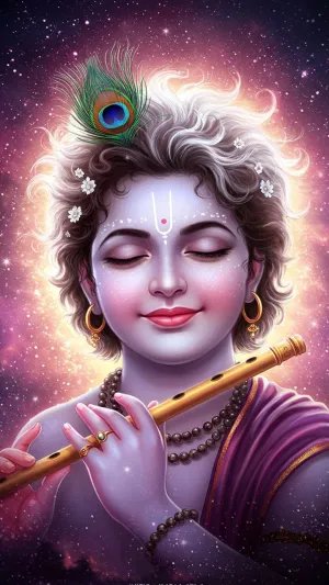 Baby Krishna Playing Flute with Peacock Feather and Sparkle Aura