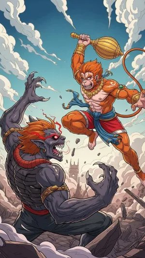 Anime Style Hanuman Battling Demon in Epic Showdown