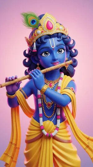 Cute 3D Cartoon Krishna Playing Flute in Yellow Dress