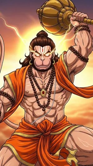 Anime Hanuman with Gada and Glowing Eyes in Sunrise Sky
