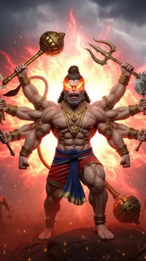 Multiarms Warrior Hanuman with Burning Eyes and Divine Weapons