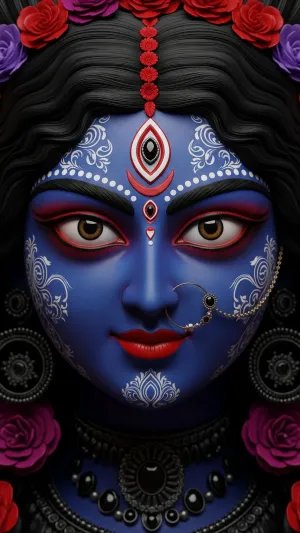 Divine Close-up of Maa Kali with Red Lips and Floral Aura