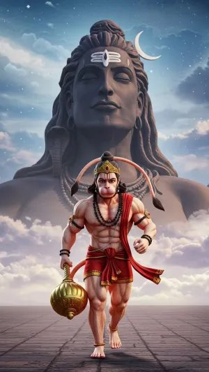 Hanuman Walking Before big Shiva Statue Wallpaper