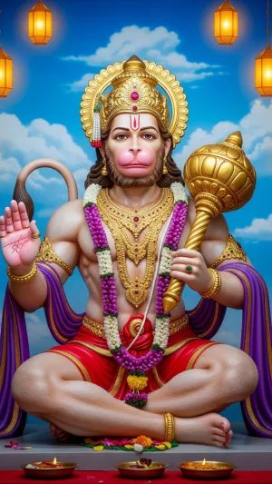 Divine Sitting Hanuman Ji with Lanterns Wallpaper
