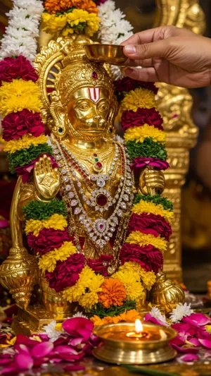 Golden Hanuman Ji Idol Abhishek with Flowers & Diya