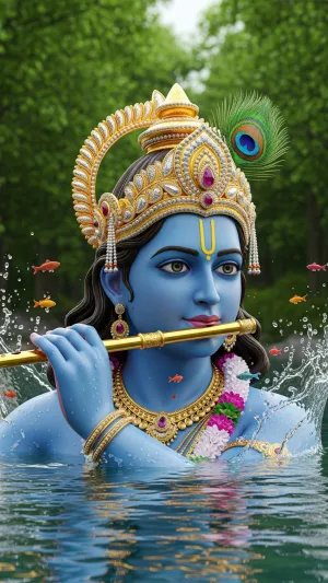 Divine Krishna Playing Flute in Water with Fish – 4K Art