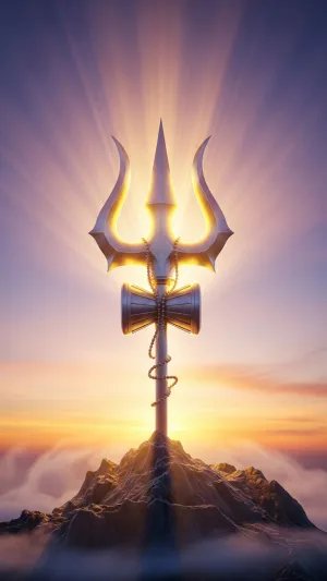 Divine Trishul of Lord Shiva on Mountain with Radiant Light