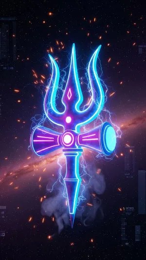 Neon Glowing Trishul with Damru in Cosmic Space Background