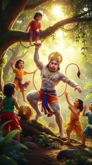 Hanuman Ji Playing in Jungle with Happy Kids – Cartoon Art