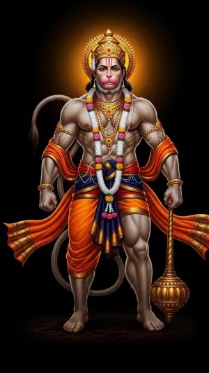 Powerful Hanuman Ji Standing with Gada – Divine Art on Black