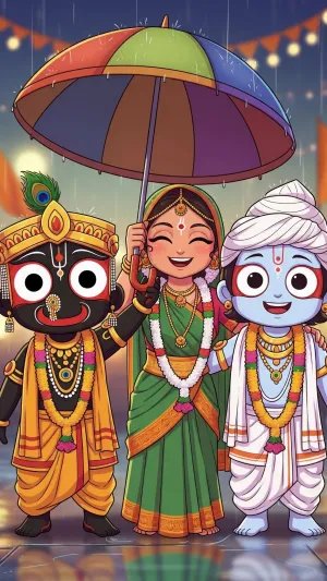 Cute Jagannath Balabhadra Subhadra in Rainy Rath Yatra Art
