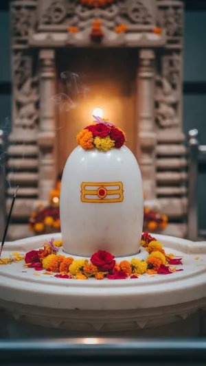 Sacred White Marble Shivling with Floral Offering