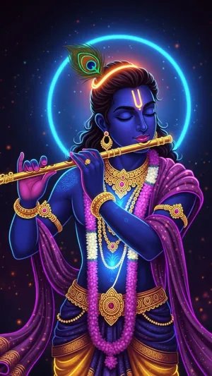 Neon Krishna Playing Flute Glowing HD Art