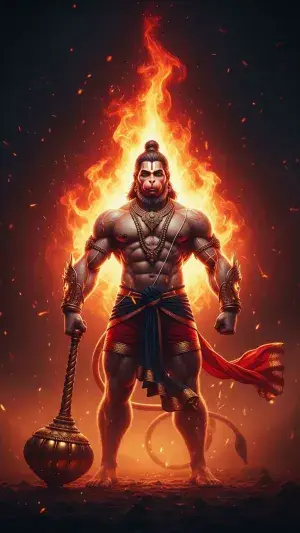 Fiery Lord Hanuman Standing with Gada in Divine Power