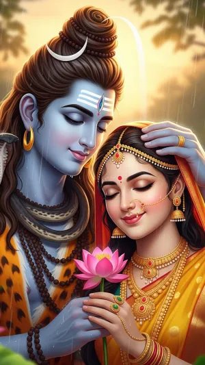 Lord Shiva and Parvati in Rain – Divine Love Artwork