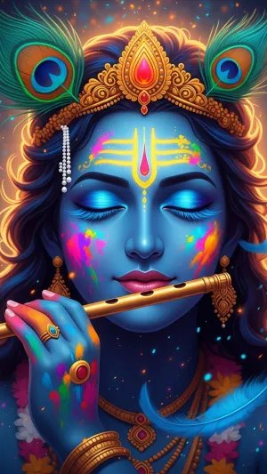 Krishna Playing Flute in Divine Glow – Holi Themed Art