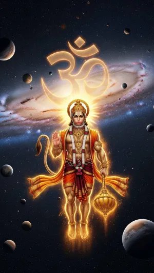 Divine Hanuman Ji in Space with Glowing Om Symbol