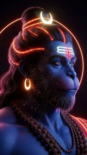 Neon Lord Hanuman with Crescent and Rudraksha – Futuristic Divine Art