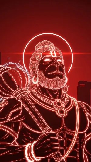 Neon Red Hanuman Line Art – Futuristic Devotional Wallpaper