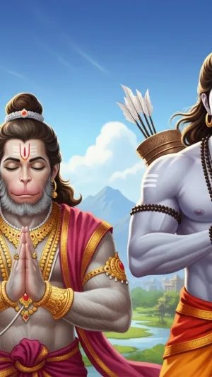 Lord Ram and Hanuman in Prayer Pose with Ayodhya Temple