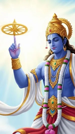 Lord Vishnu Holding Sudarshan Chakra in Divine Sky