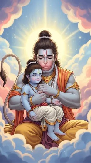 Hanuman Ji Holding Baby Ram in Divine Cloud Realm