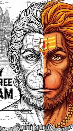 Hanuman & Shri Ram – Half-Color Ayodhya Illustration