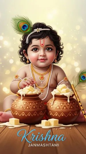 Cute Baby Krishna with Butter Pots | Janmashtami Art