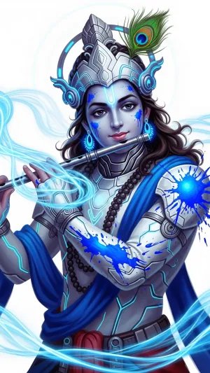 Lord Krishna Digital Art | Futuristic Krishna with Flute & Peacock Feather