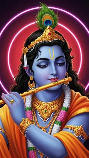 Divine Lord Krishna Wallpaper with Flute and Peacock Crown
