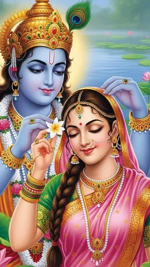 Divine Love of Radha Krishna by the Lotus Lake