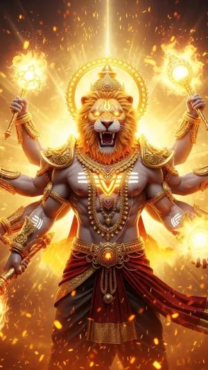 Powerful Lord Narasimha 3D Wallpaper in Golden Divine Aura