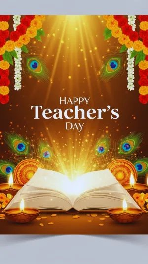 Happy Teacher’s Day Wallpaper with Glowing Book and Diyas