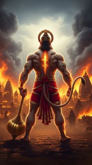 Lord Hanuman Fiery Avatar HD Wallpaper with Mace