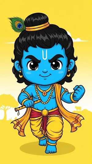 Cute Bal Krishna Cartoon Wallpaper in Yellow Background
