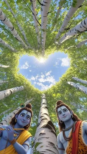 Krishna and Shiva Wallpaper with Heart Shaped Trees