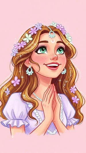 Smiling Cartoon Girl with Flowers in Hair Illustration