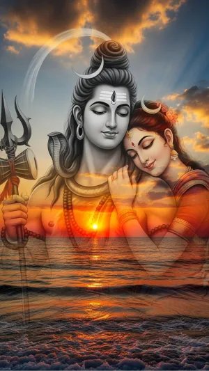 Divine Shiva Parvati Love Image with Sunset | Spiritual Wallpaper HD