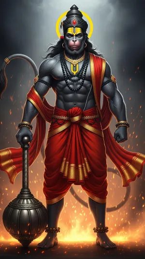 Powerful Lord Hanuman Standing with Gada in Fire Aura