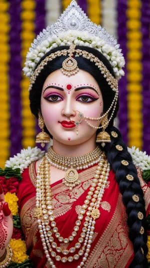 Goddess Durga Divine Idol in Red Saree with Golden Jewelry