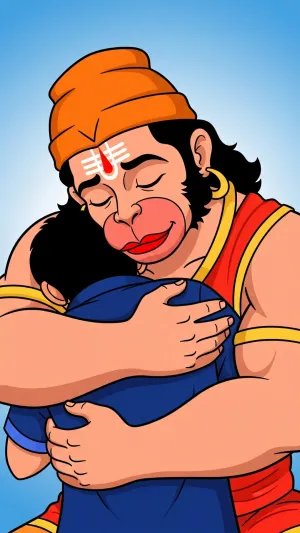 Lord Hanuman Hugging Child – Devotional Cartoon Artwork
